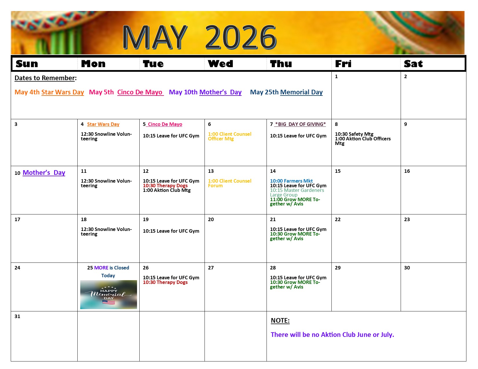 MORE May Calendar